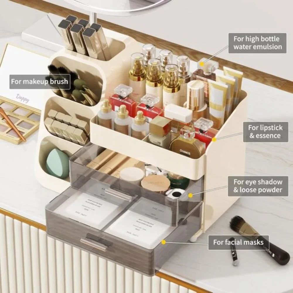 New Large Makeup Organizer, Cream Vanity Storage with Drawers & Brush Holder